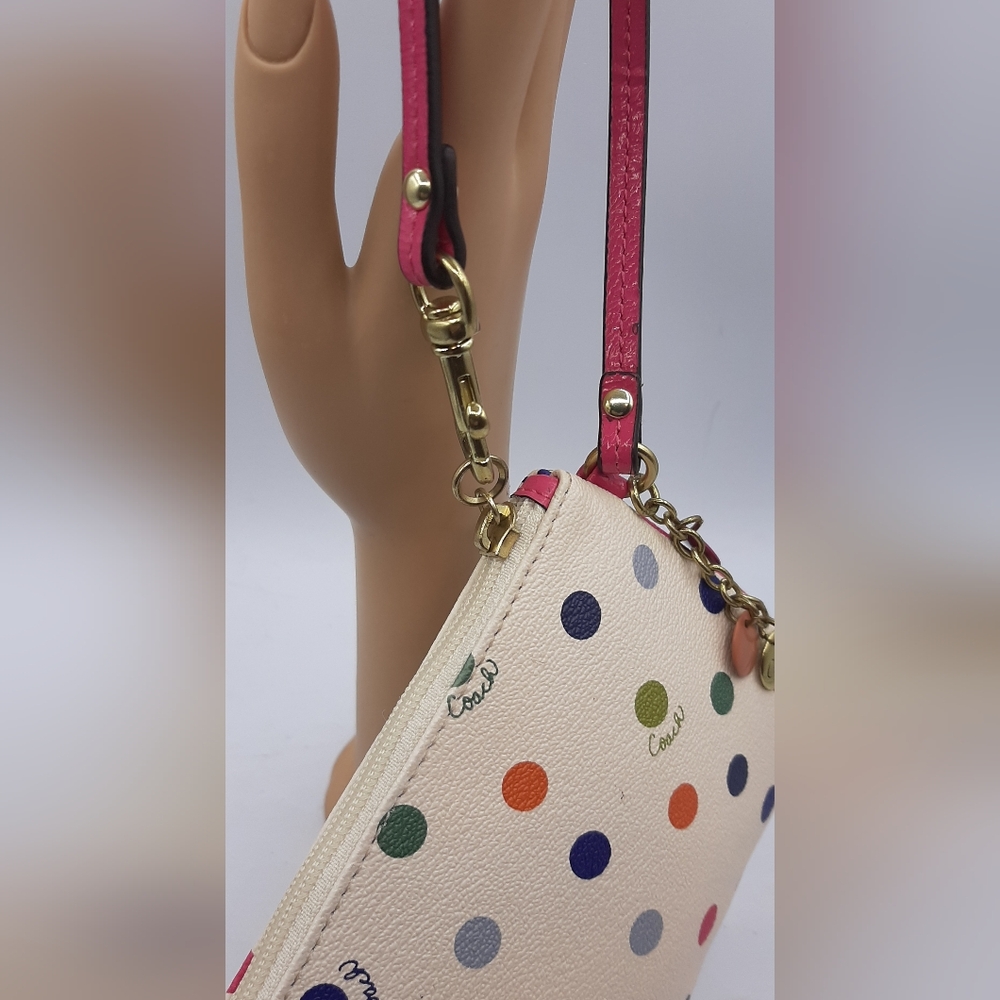 Coach Corner Wristlet Wallet Cream Pink Polka Dot Pouch Small Logo Leather - Picture 3 of 8